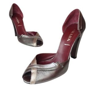 Prada Metallic Leather D'orsay Peep Toe Pumps